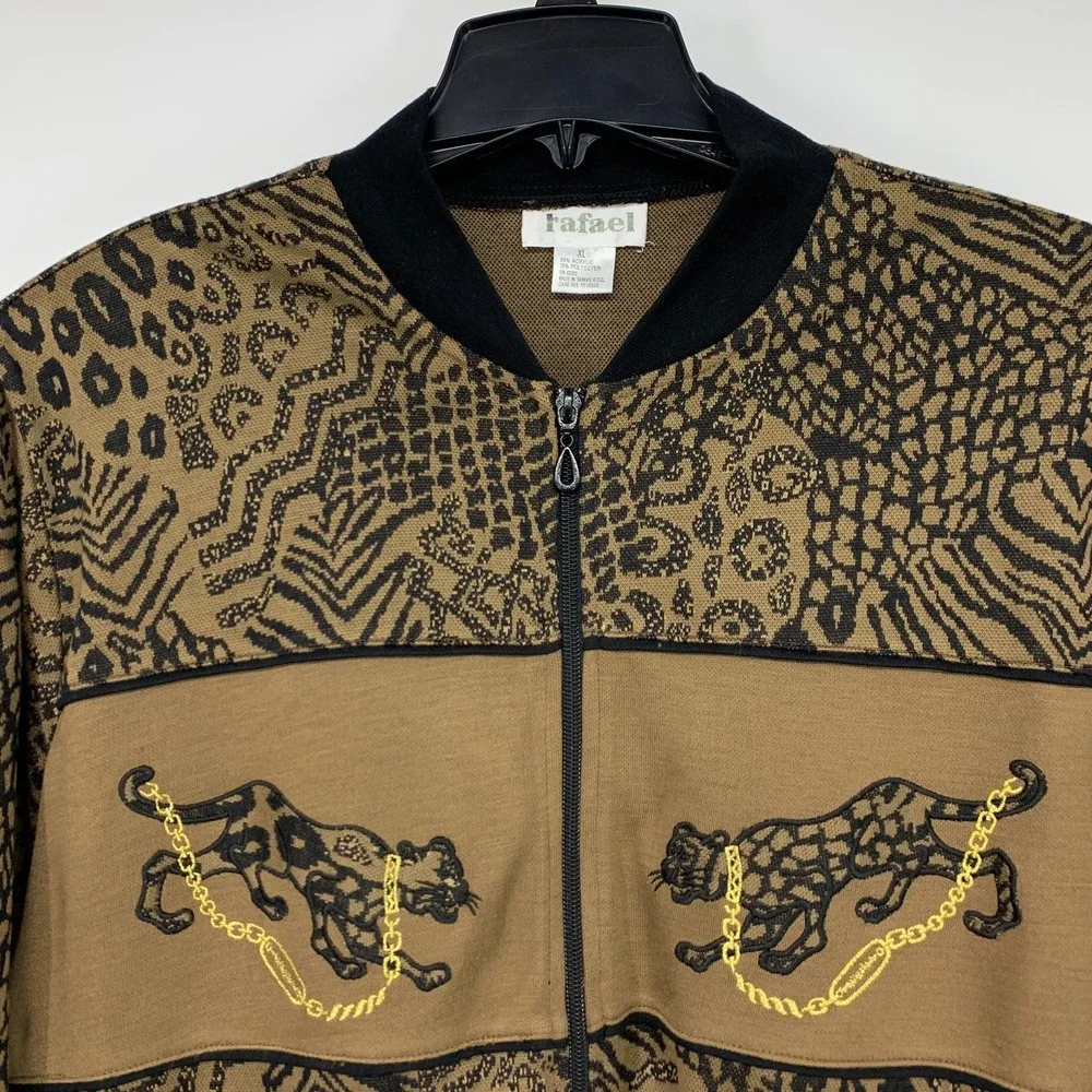 Rafael Jacket Womens XL Animal Print Zip Front Safari Gold Chain Vintage Bomber_4